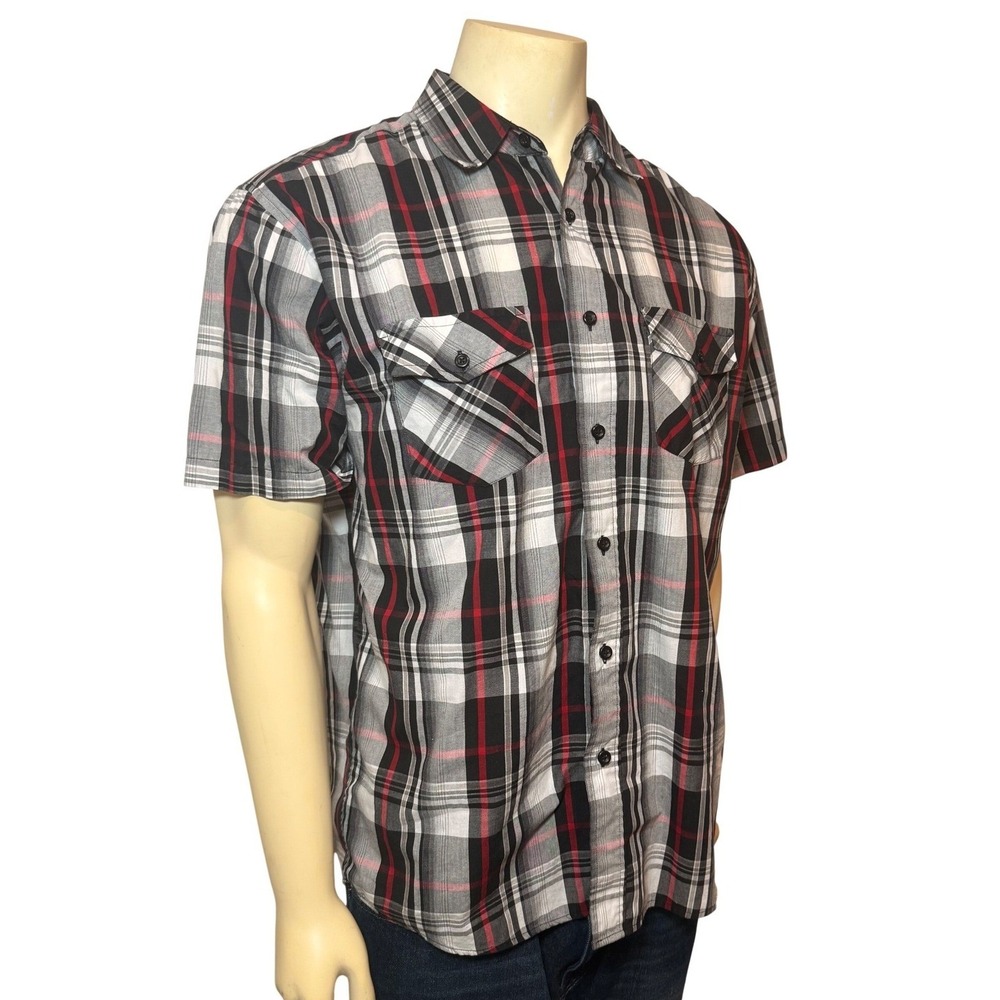 Beverly Hills Polo Club Mens Plaid Short Sleeve Button Down Shirt Red Black L - Picture 2 of 9